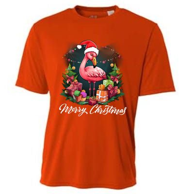 Pink Flamingo Christmas Lighting Xmas Tree Santa Hat Pajama Gift Cooling Performance Crew T-Shirt