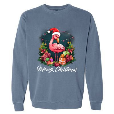 Pink Flamingo Christmas Lighting Xmas Tree Santa Hat Pajama Gift Garment-Dyed Sweatshirt