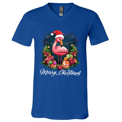 Pink Flamingo Christmas Lighting Xmas Tree Santa Hat Pajama Gift V-Neck T-Shirt