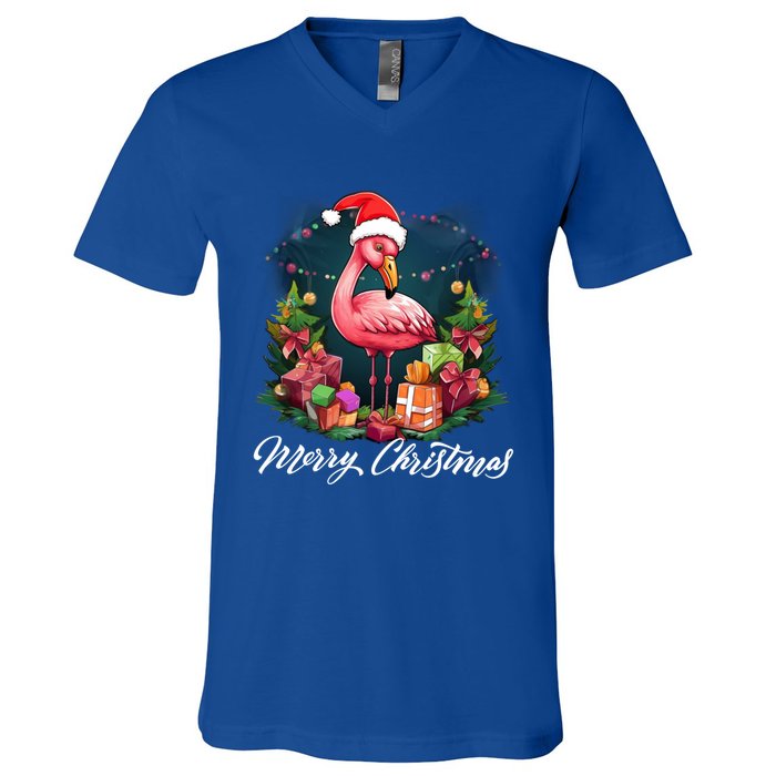 Pink Flamingo Christmas Lighting Xmas Tree Santa Hat Pajama Gift V-Neck T-Shirt