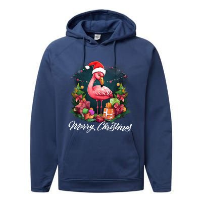 Pink Flamingo Christmas Lighting Xmas Tree Santa Hat Pajama Gift Performance Fleece Hoodie