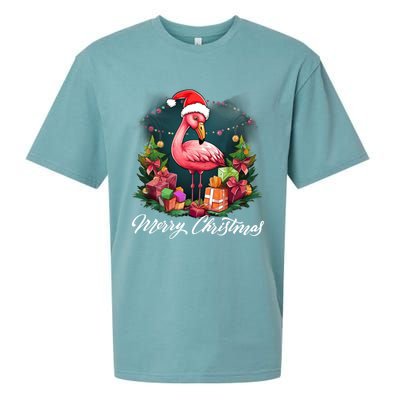 Pink Flamingo Christmas Lighting Xmas Tree Santa Hat Pajama Gift Sueded Cloud Jersey T-Shirt