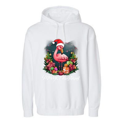 Pink Flamingo Christmas Lighting Xmas Tree Santa Hat Pajama Gift Garment-Dyed Fleece Hoodie