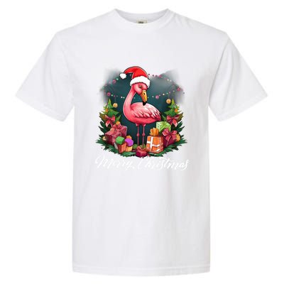 Pink Flamingo Christmas Lighting Xmas Tree Santa Hat Pajama Gift Garment-Dyed Heavyweight T-Shirt