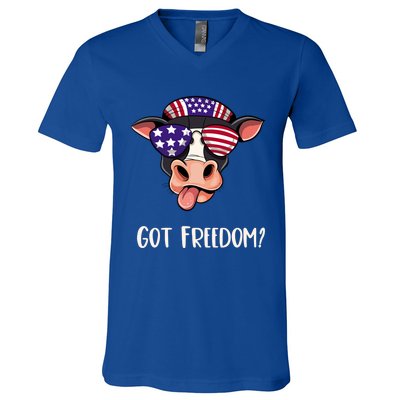 Patriotic Funny Cow Gift Fourth July Us Flag Sunglasses Gift V-Neck T-Shirt