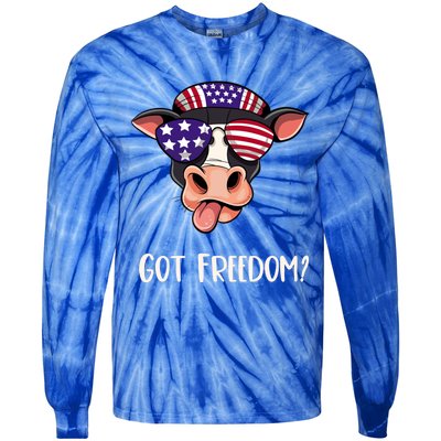 Patriotic Funny Cow Gift Fourth July Us Flag Sunglasses Gift Tie-Dye Long Sleeve Shirt