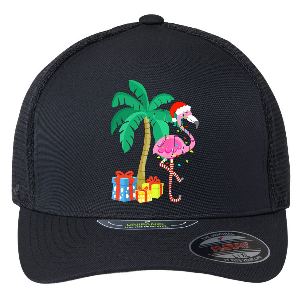 Pink Flamingo Christmas Palm Tree Tropical Xmas Funny Flexfit Unipanel Trucker Cap