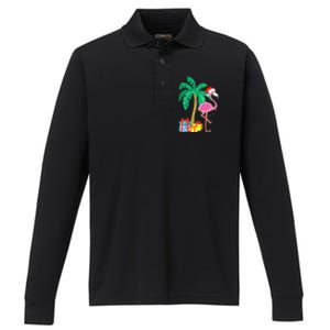 Pink Flamingo Christmas Palm Tree Tropical Xmas Funny Performance Long Sleeve Polo