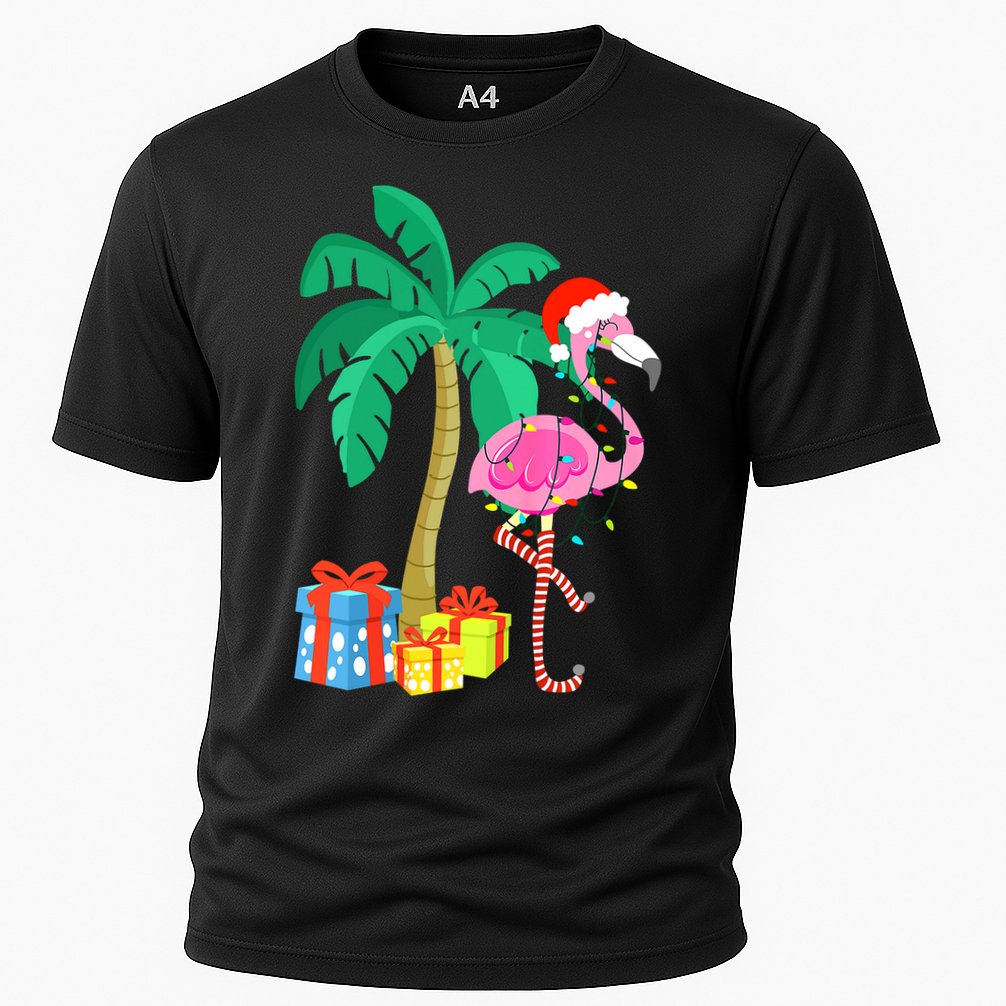 Pink Flamingo Christmas Palm Tree Tropical Xmas Funny Cooling Performance Crew T-Shirt