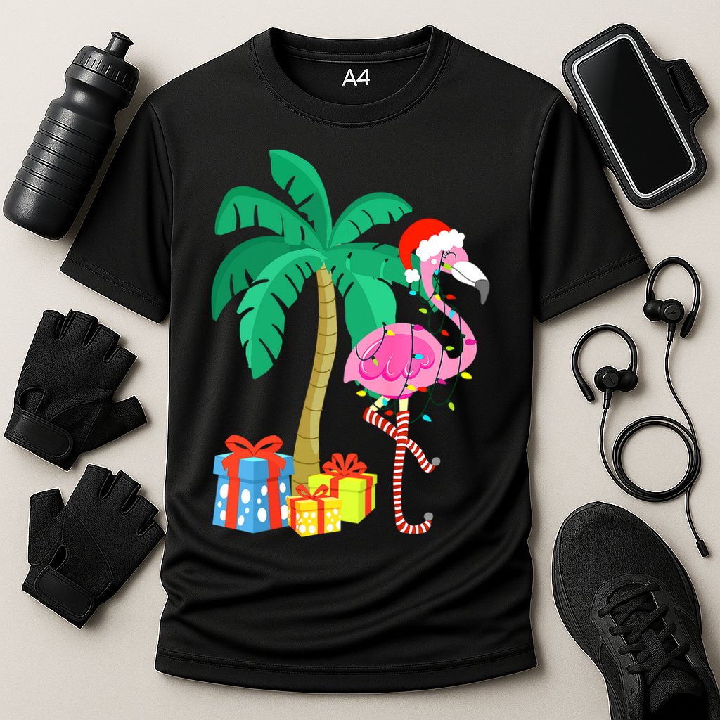 Pink Flamingo Christmas Palm Tree Tropical Xmas Funny Cooling Performance Crew T-Shirt