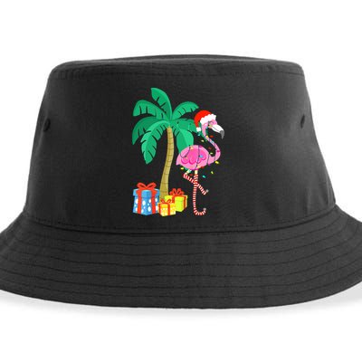 Pink Flamingo Christmas Palm Tree Tropical Xmas Funny Sustainable Bucket Hat