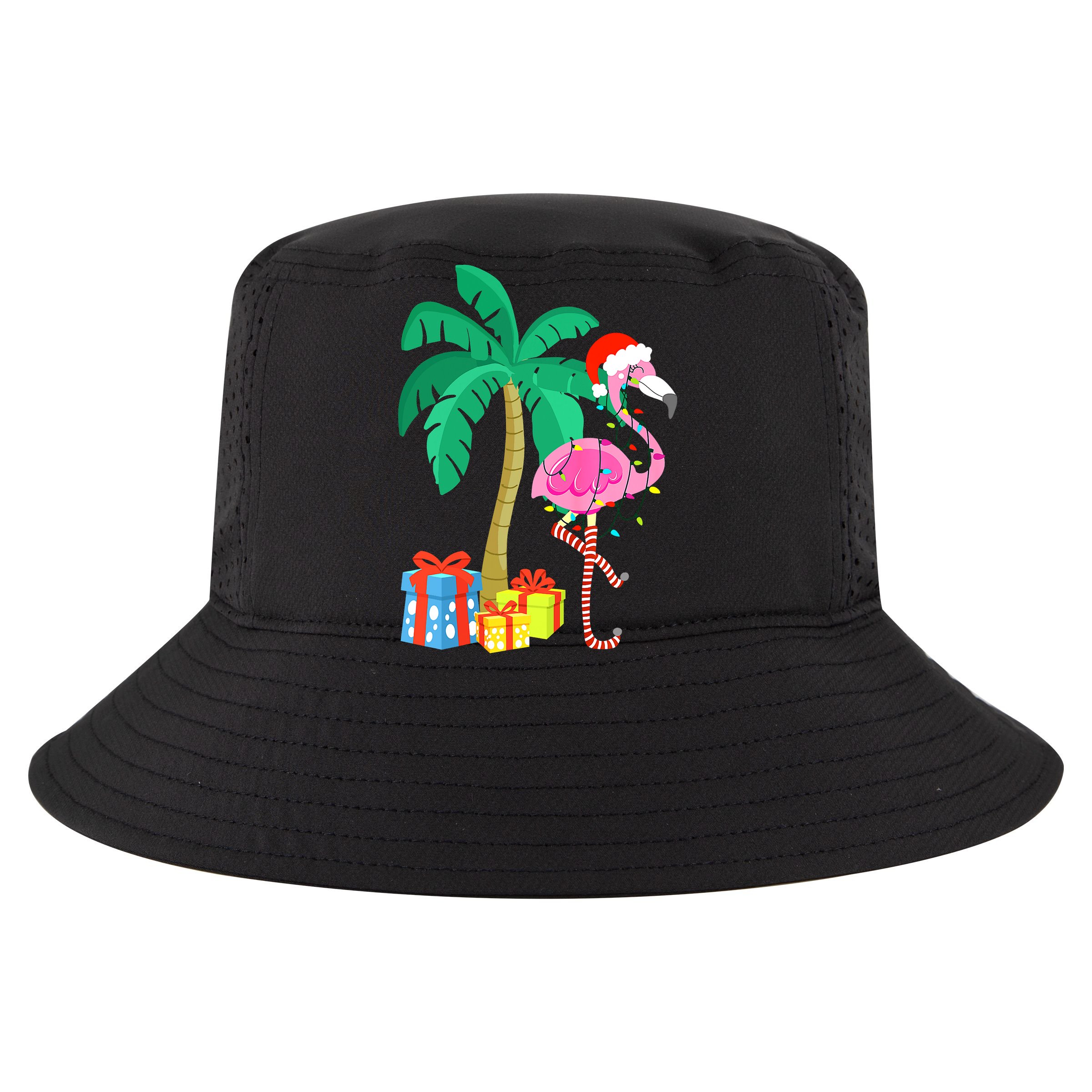 Pink Flamingo Christmas Palm Tree Tropical Xmas Funny Sustainable Bucket Hat