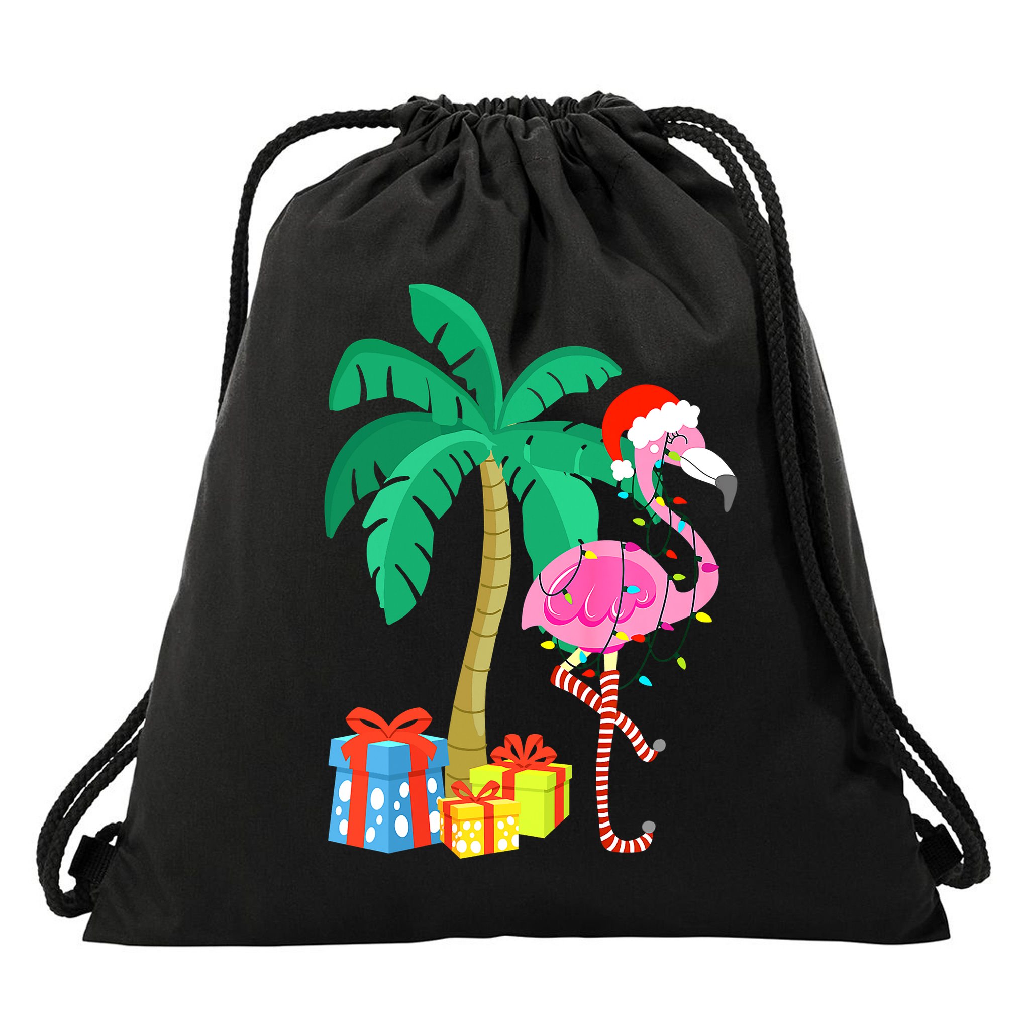 Pink Flamingo Christmas Palm Tree Tropical Xmas Funny Drawstring Bag