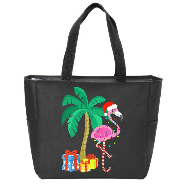Pink Flamingo Christmas Palm Tree Tropical Xmas Funny Zip Tote Bag