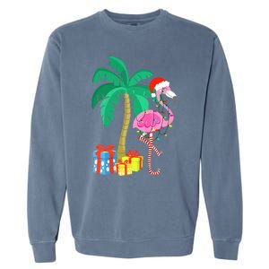 Pink Flamingo Christmas Palm Tree Tropical Xmas Funny Garment-Dyed Sweatshirt