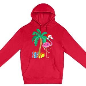 Pink Flamingo Christmas Palm Tree Tropical Xmas Funny Premium Pullover Hoodie