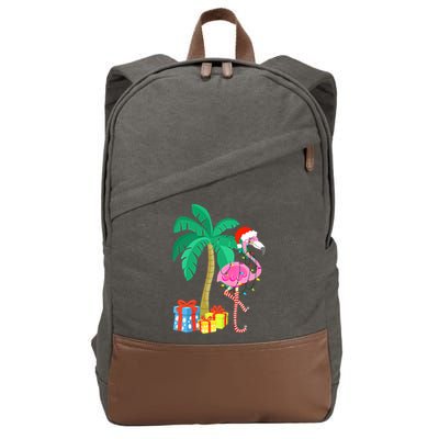 Pink Flamingo Christmas Palm Tree Tropical Xmas Funny Cotton Canvas Backpack