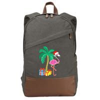Pink Flamingo Christmas Palm Tree Tropical Xmas Funny Cotton Canvas Backpack