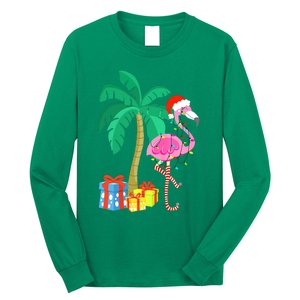 Pink Flamingo Christmas Palm Tree Tropical Xmas Funny Long Sleeve Shirt