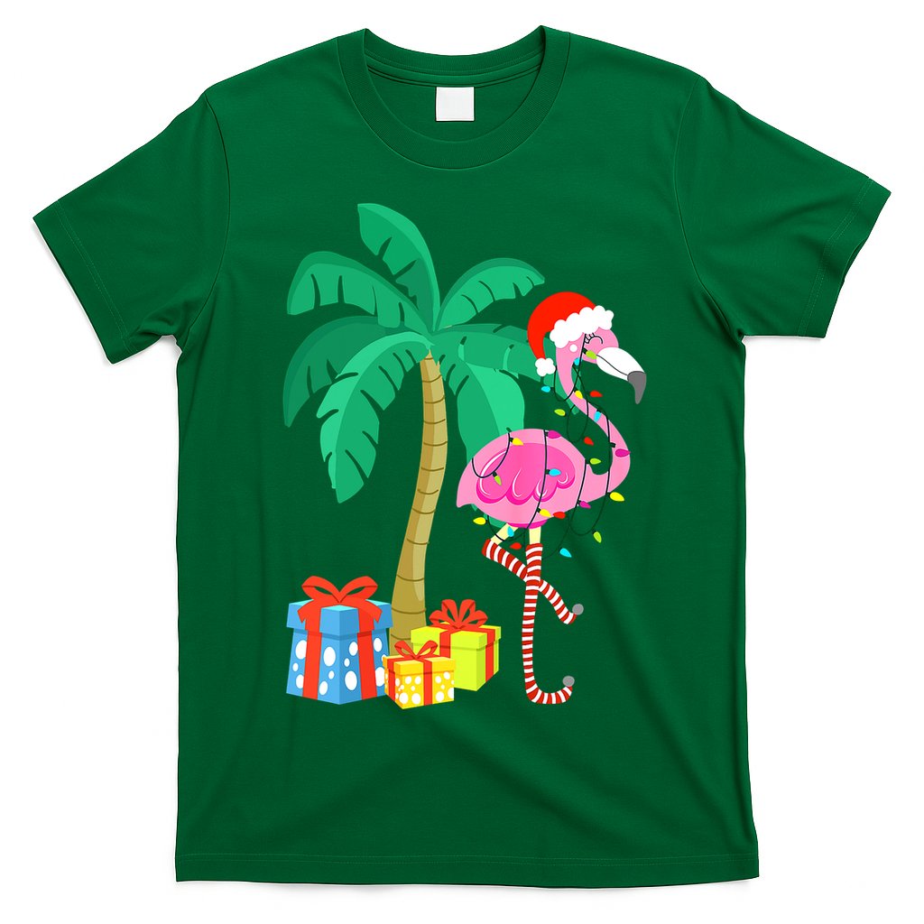 Pink Flamingo Christmas Palm Tree Tropical Xmas Funny T-Shirt