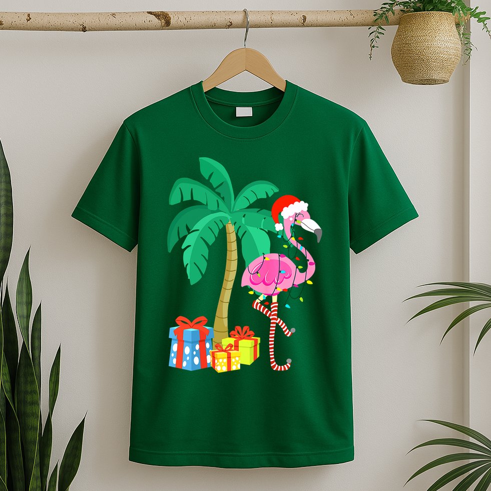 Pink Flamingo Christmas Palm Tree Tropical Xmas Funny T-Shirt