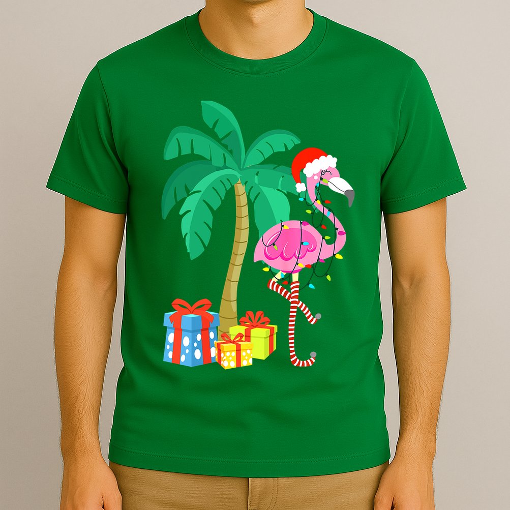 Pink Flamingo Christmas Palm Tree Tropical Xmas Funny T-Shirt