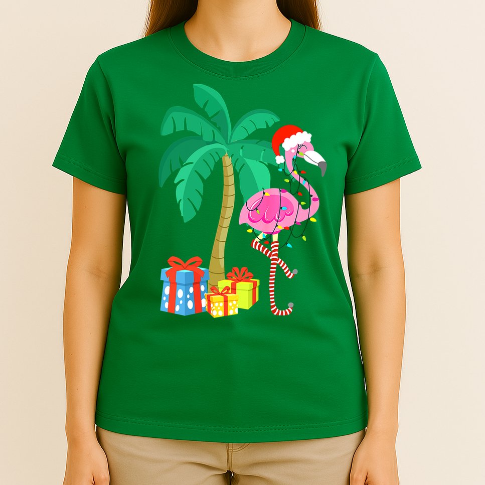 Pink Flamingo Christmas Palm Tree Tropical Xmas Funny T-Shirt