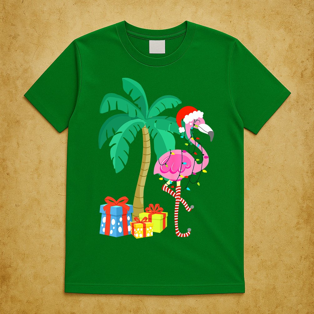 Pink Flamingo Christmas Palm Tree Tropical Xmas Funny T-Shirt