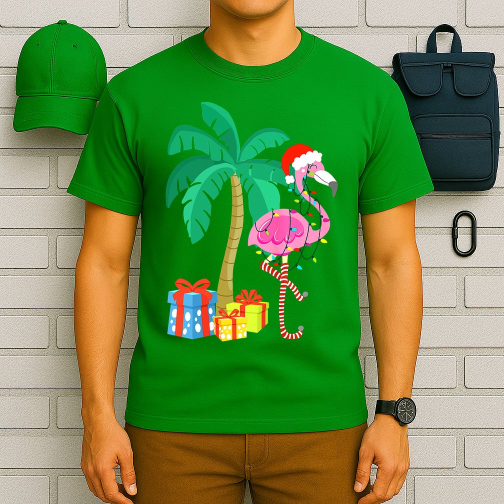 Pink Flamingo Christmas Palm Tree Tropical Xmas Funny T-Shirt
