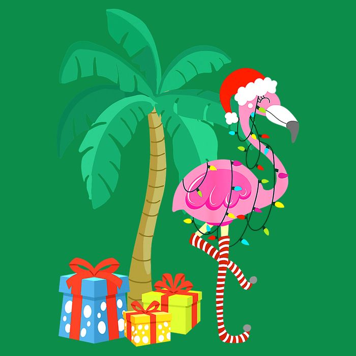 Pink Flamingo Christmas Palm Tree Tropical Xmas Funny T-Shirt