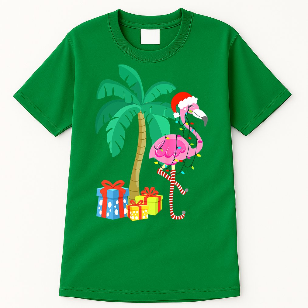 Pink Flamingo Christmas Palm Tree Tropical Xmas Funny Tall T-Shirt