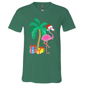 Pink Flamingo Christmas Palm Tree Tropical Xmas Funny V-Neck T-Shirt