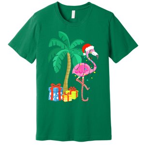 Pink Flamingo Christmas Palm Tree Tropical Xmas Funny Premium T-Shirt