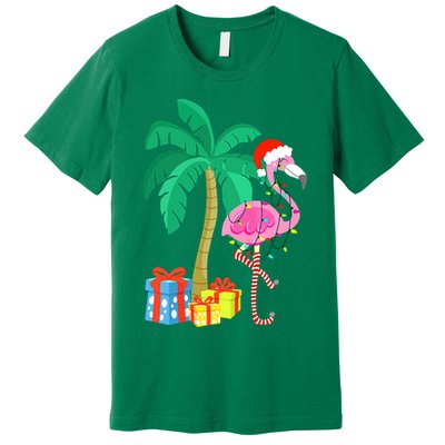 Pink Flamingo Christmas Palm Tree Tropical Xmas Funny Premium T-Shirt