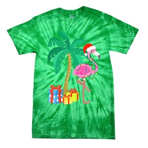 Pink Flamingo Christmas Palm Tree Tropical Xmas Funny Tie-Dye T-Shirt