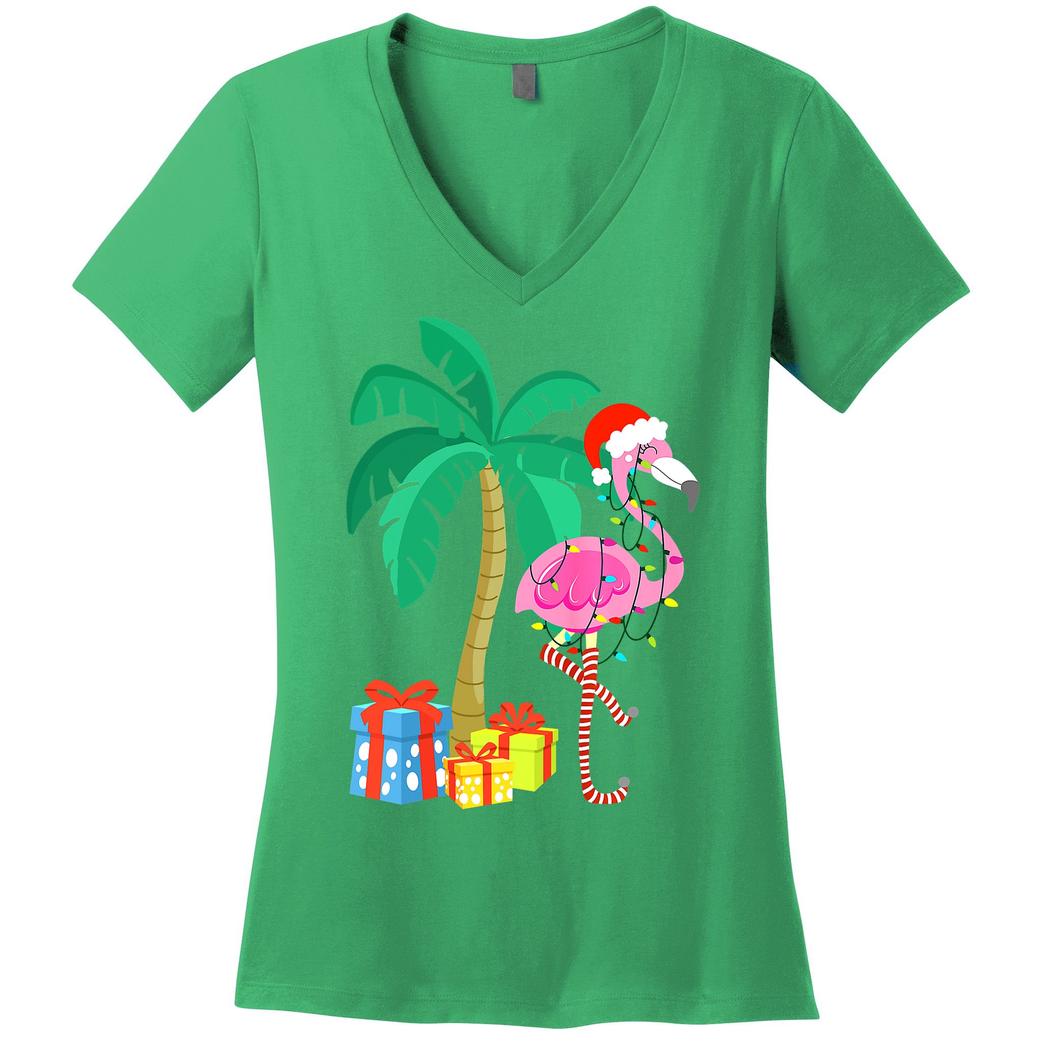 Pink Flamingo Christmas Palm Tree Tropical Xmas Funny Women's V-Neck T-Shirt
