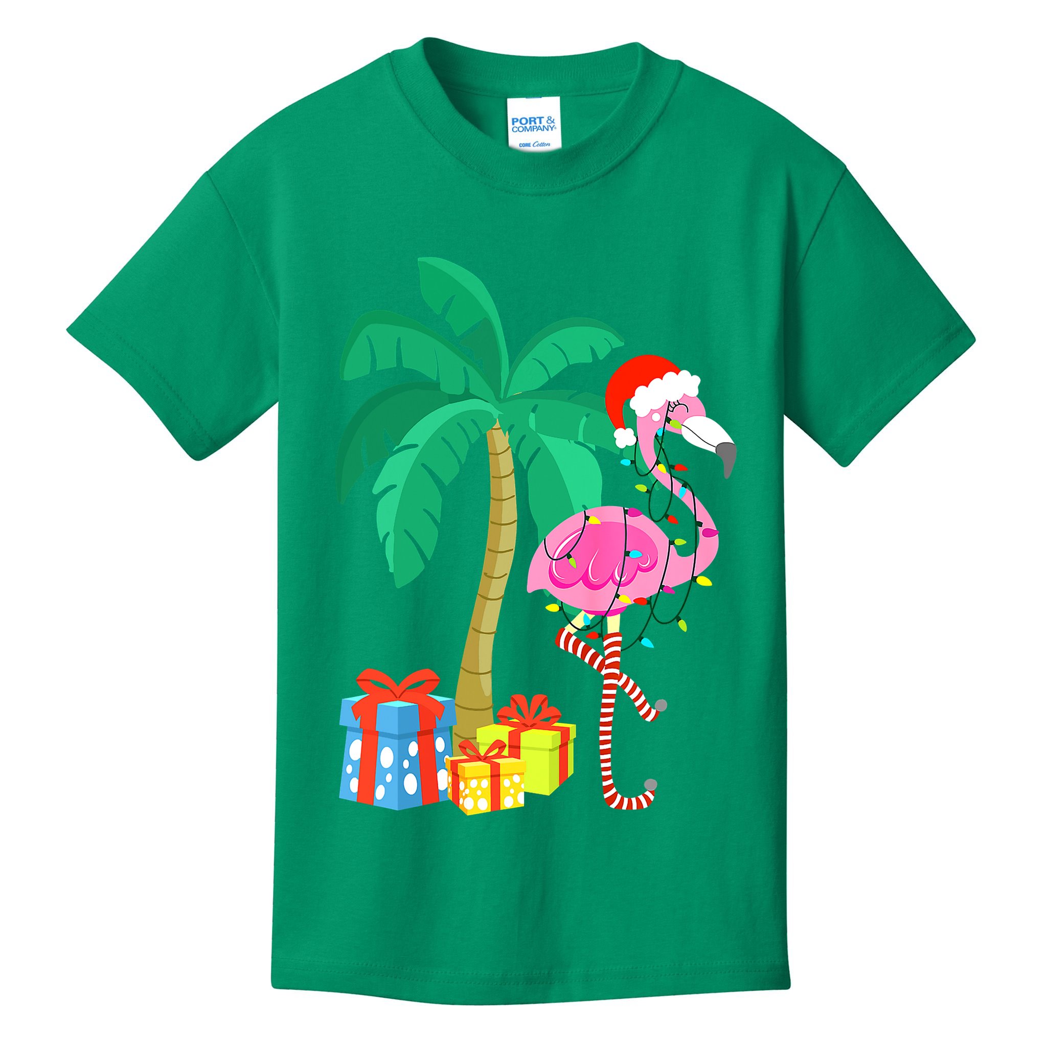 Pink Flamingo Christmas Palm Tree Tropical Xmas Funny Kids T-Shirt