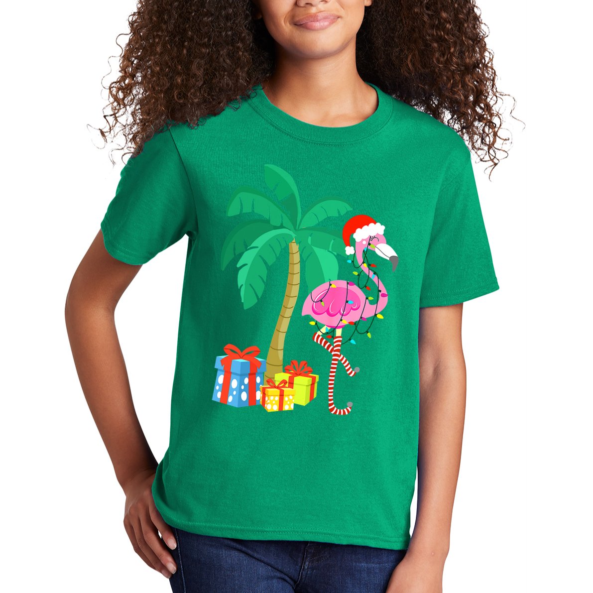 Pink Flamingo Christmas Palm Tree Tropical Xmas Funny Kids T-Shirt