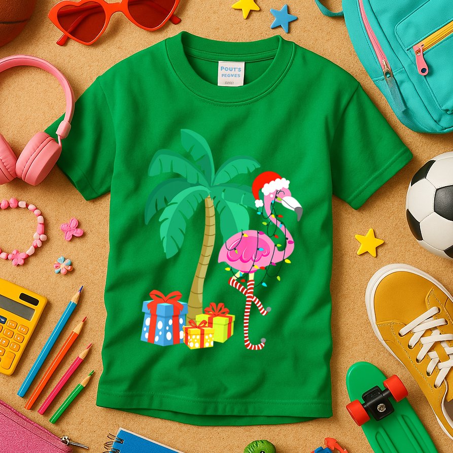 Pink Flamingo Christmas Palm Tree Tropical Xmas Funny Kids T-Shirt