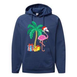 Pink Flamingo Christmas Palm Tree Tropical Xmas Funny Performance Fleece Hoodie