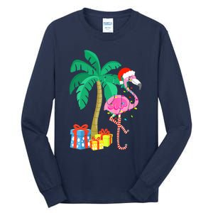 Pink Flamingo Christmas Palm Tree Tropical Xmas Funny Tall Long Sleeve T-Shirt