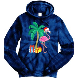 Pink Flamingo Christmas Palm Tree Tropical Xmas Funny Tie Dye Hoodie