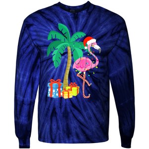 Pink Flamingo Christmas Palm Tree Tropical Xmas Funny Tie-Dye Long Sleeve Shirt