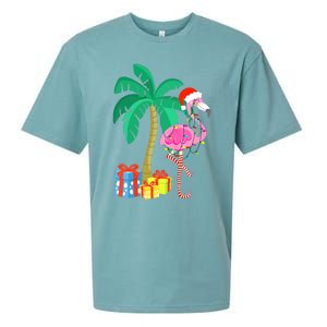 Pink Flamingo Christmas Palm Tree Tropical Xmas Funny Sueded Cloud Jersey T-Shirt