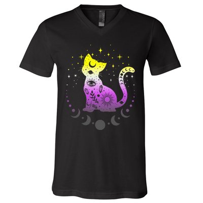  pride flag colors NonBinary astronomy cat V-Neck T-Shirt