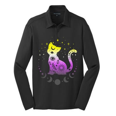  pride flag colors NonBinary astronomy cat Silk Touch Performance Long Sleeve Polo