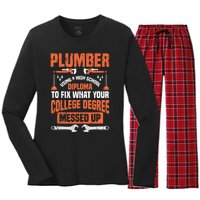 Plumber Funny College Plumbing Joke Pun Gift Women's Long Sleeve Flannel Pajama Set 