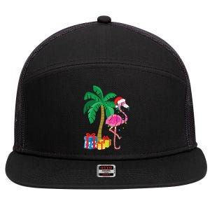 Pink Flamingo Christmas Palm Tree Tropical Xmas Funny 7 Panel Mesh Trucker Snapback Hat