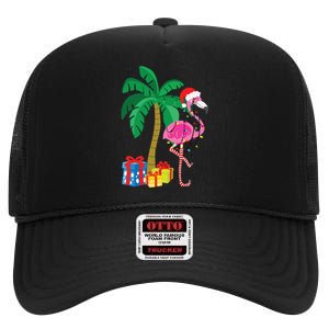 Pink Flamingo Christmas Palm Tree Tropical Xmas Funny High Crown Mesh Back Trucker Hat