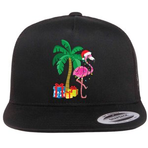 Pink Flamingo Christmas Palm Tree Tropical Xmas Funny Flat Bill Trucker Hat